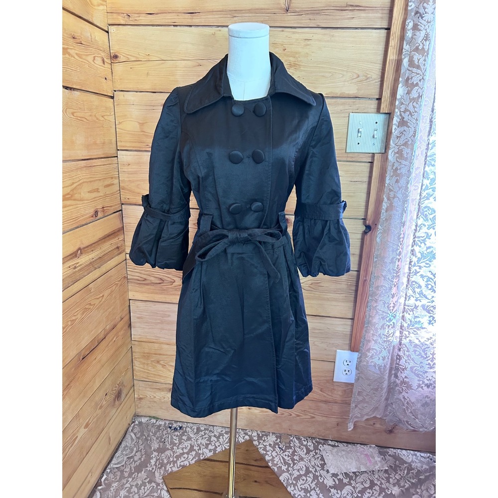 Vintage Satin Trench Coat Womens Large Black Double Breasted Bubble Sleeve Luii